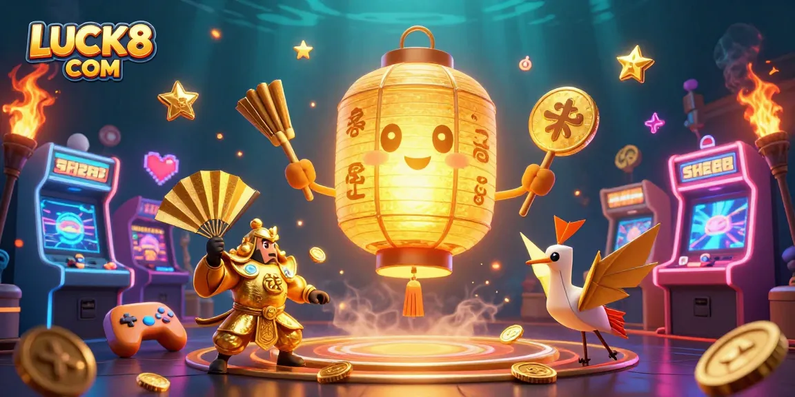 Experience thrilling gaming at LUCK8 COM with a colorful casino and 3D character scene.