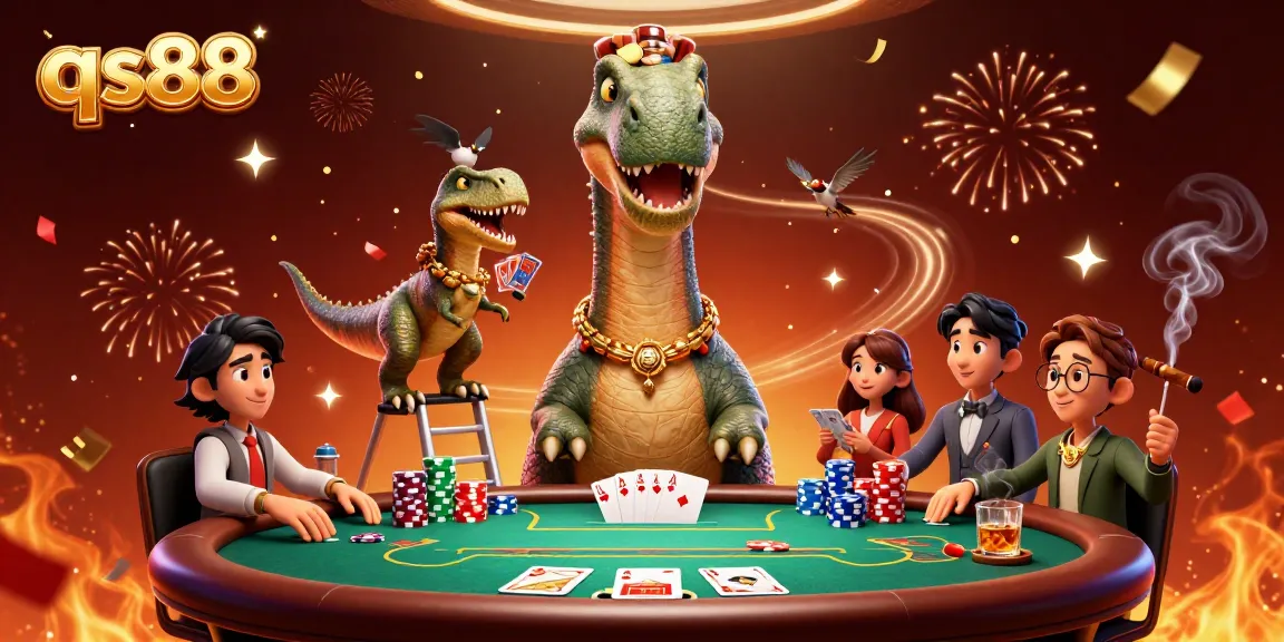 Experience qs88's casino excitement with a towering brontosaurus and clever raptor dealing cards.