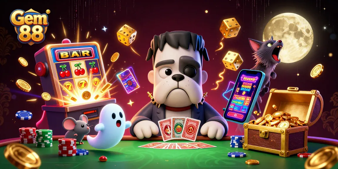 Experience the excitement of Gem 88 with thrilling 3D casino characters at a vibrant gambling table.