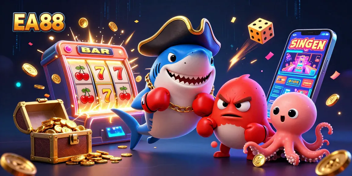 Engage with vibrant 3D characters celebrating at EA 88 casino, winning jackpots and coins.