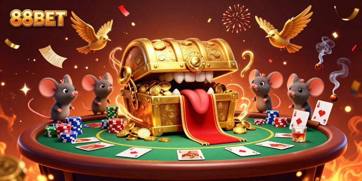Engaging scene showcasing 88BET with a cartoon treasure chest, poker elements, and festive atmosphere for gamblers.