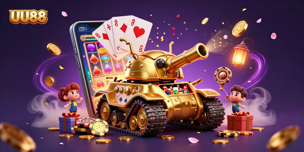 Engage with UU88's vibrant casino experience inside a golden beetle tank, bursting with slots and confetti.