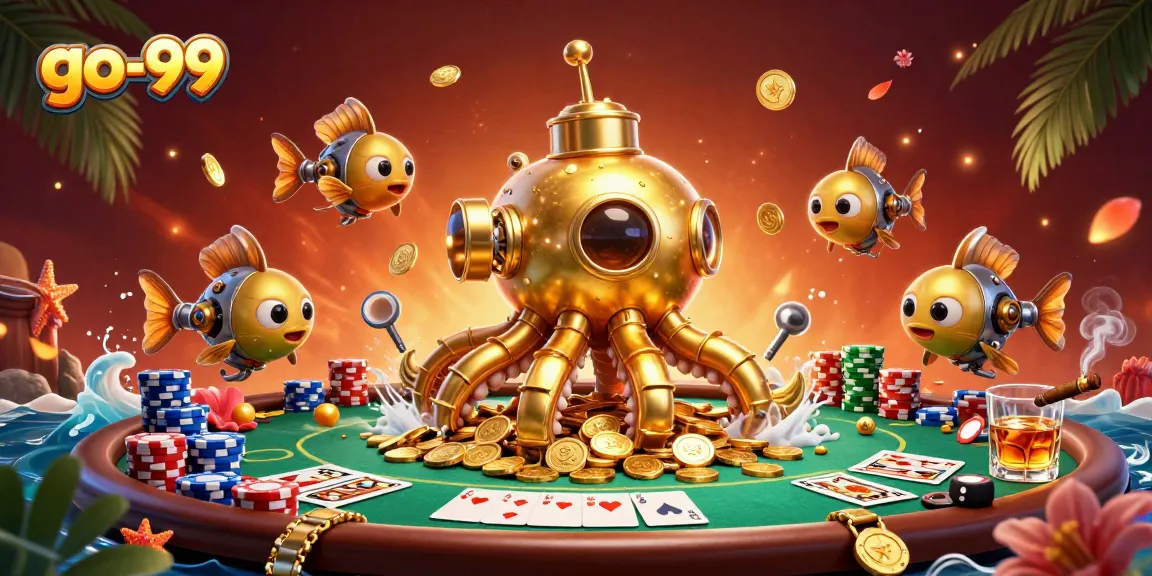 Experience thrilling gaming action with go-99's golden kraken submarine and vibrant poker elements.