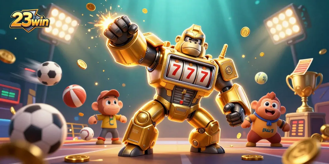 Experience thrilling wins at 23win with a dynamic slot machine gorilla mech surrounded by vibrant sports elements.