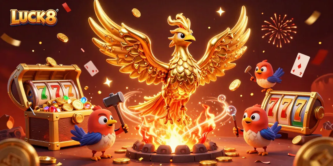 Experience winning moments with LUCK8 as molten gold coins rain down from a mythical phoenix and sparrows in a vibrant casino scene.