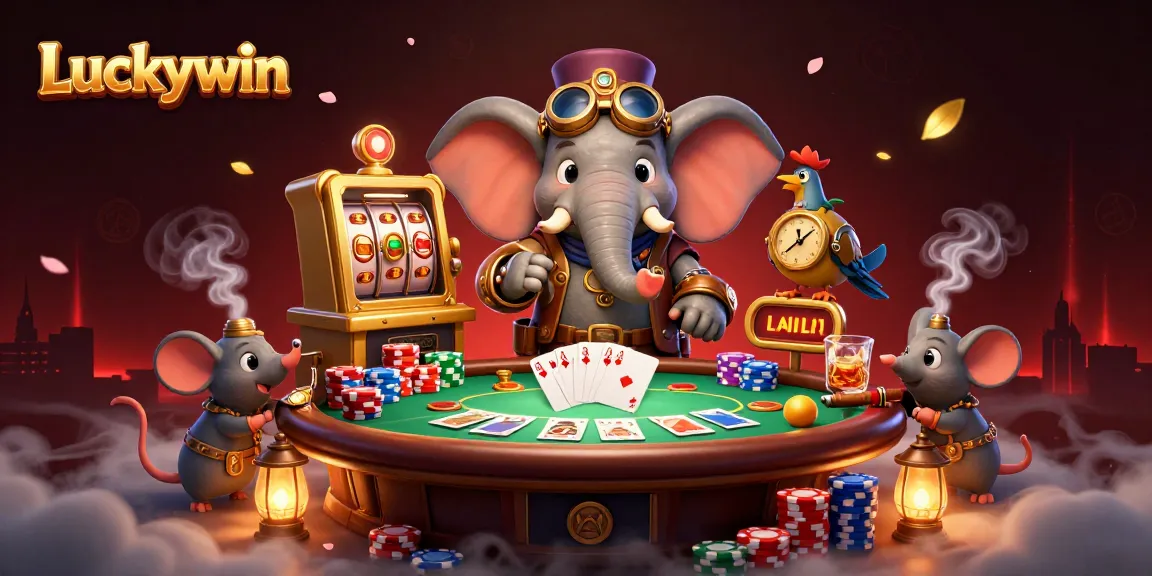 Play exciting games at Luckywin with a steampunk elephant engineer at the slot machine, showcasing rich casino elements.