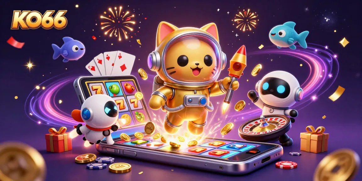 KO66 promotes fun with a golden astronaut cat, robot dog, and colorful slot games