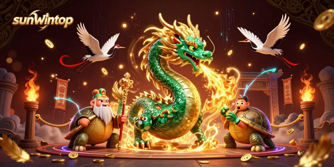 Experience the thrill of sunwintop with a vibrant 3D dragon and playful cranes in a casino setting!
