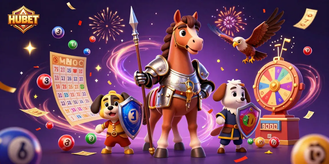 Engage with HUBET's vibrant 3D illustration featuring a knight, puppy, and falcon among casino icons.