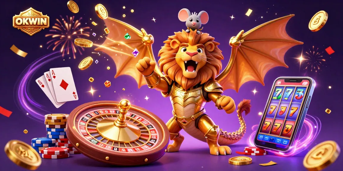 Experience the thrilling wins at OKWIN with a vibrant 3D illustration showcasing colorful casino elements and a triumphal chimera.