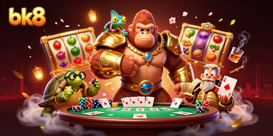 Engage in thrilling slot adventure with bk8 characters in a vibrant casino scene showcasing fruits and jackpots.