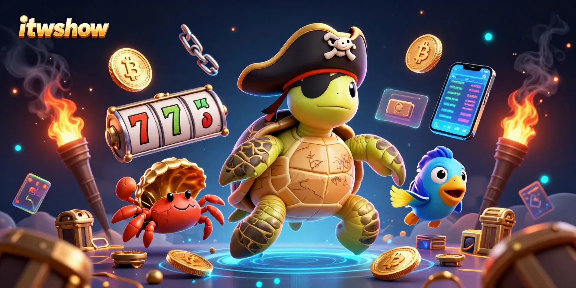 Engage with itwshow, featuring a vibrant 3D casino scene with a pirate turtle, a hermit crab, and a parrotfish immersed in treasure.
